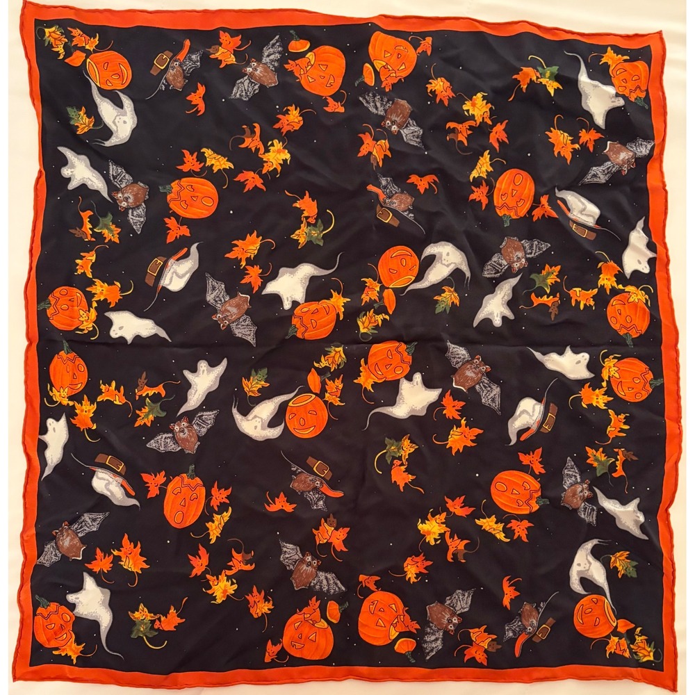 Vintage Halloween Silk Square Scarf Black Orange Pumpkin Ghost Bat Autumn Leaf